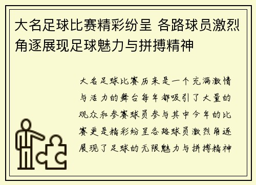 大名足球比赛精彩纷呈 各路球员激烈角逐展现足球魅力与拼搏精神